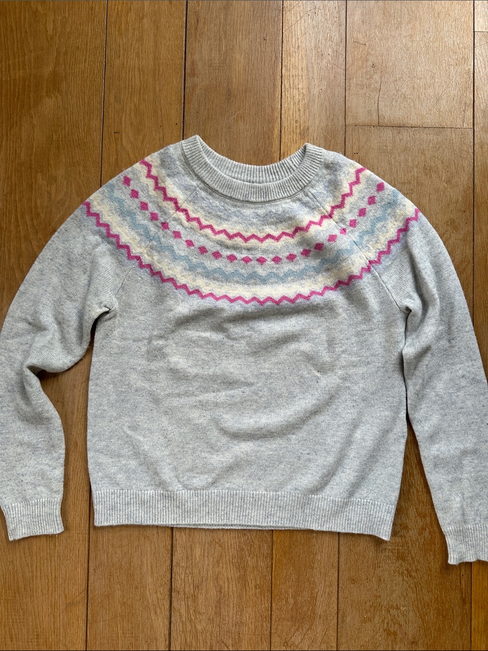 Joules Light Gray Crewneck Sweater with Pink and Blue Fair Isle Yoke